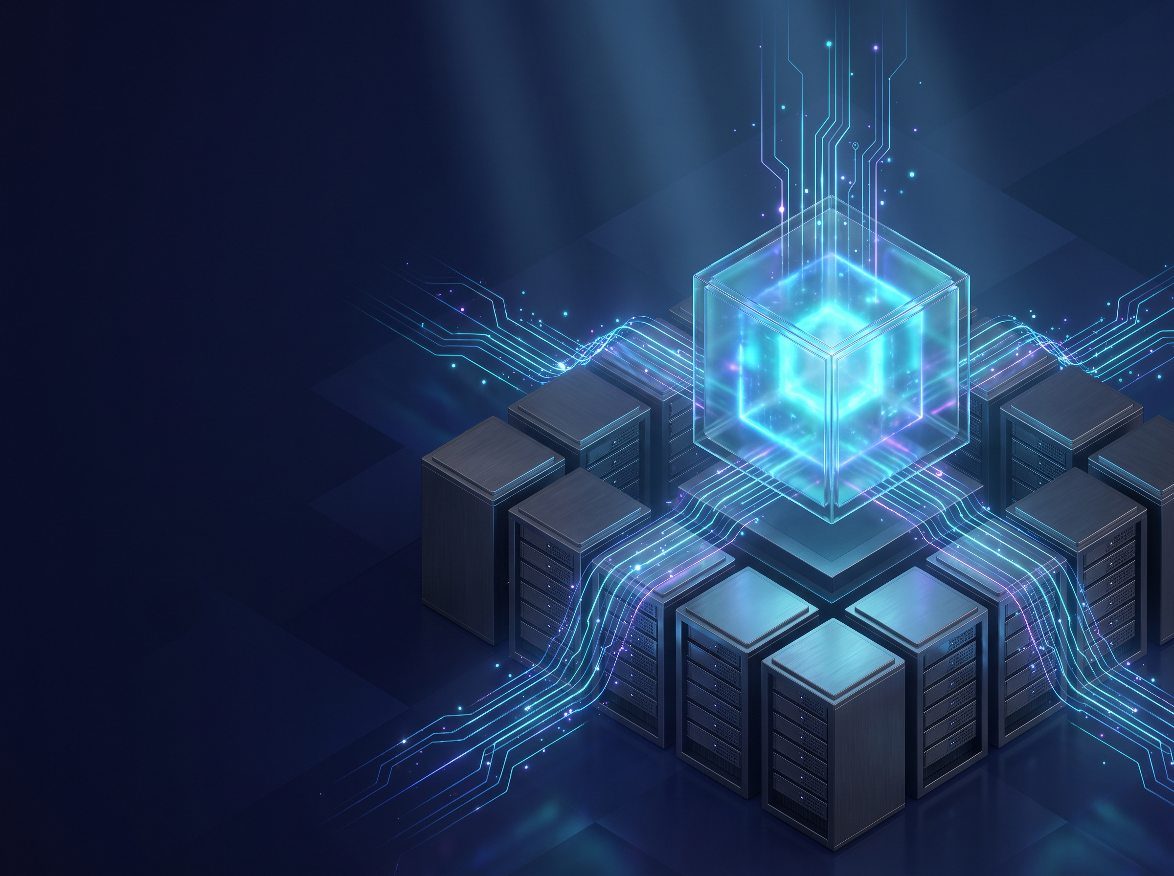 Абстрактная визуализация AI-платформы, анализирующей серверную инфраструктуру ЦОД в реальном времени